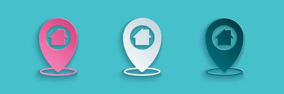 Paper cut Map pointer with house icon isolated on blue background. Home location 스톡 일러스트