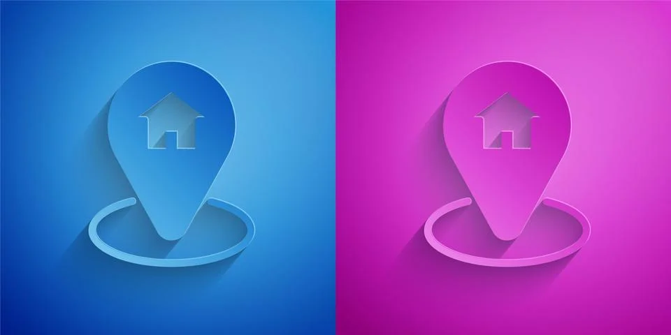 Paper cut Map pointer with house icon isolated on blue and purple background 스톡 일러스트