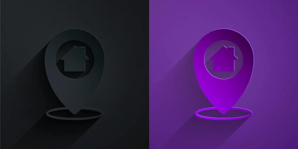 Paper cut Map pointer with house icon isolated on black on purple background Stockillustratie