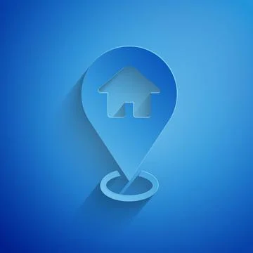 Paper cut Map pointer with house icon isolated on blue background. Home location Stock Illustration