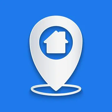 Paper cut Map pointer with house icon isolated on blue background. Home location Stockillustratie