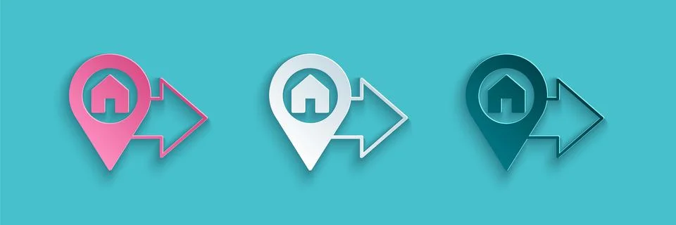 Paper cut Map pointer with house icon isolated on blue background. Home location Stock Illustration