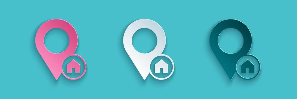 Paper cut Map pointer with house icon isolated on blue background. Home location 스톡 일러스트