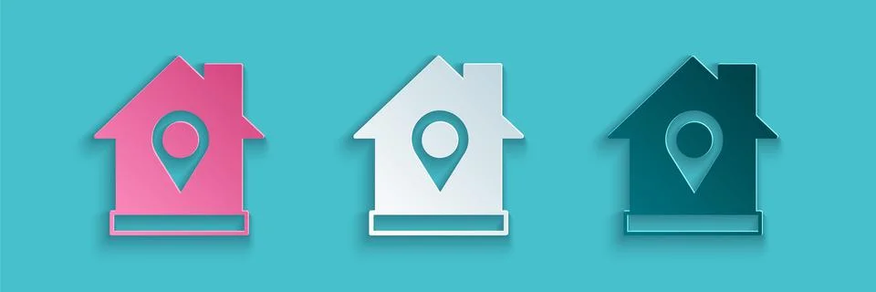 Paper cut Map pointer with house icon isolated on blue background. Home location Stockillustratie