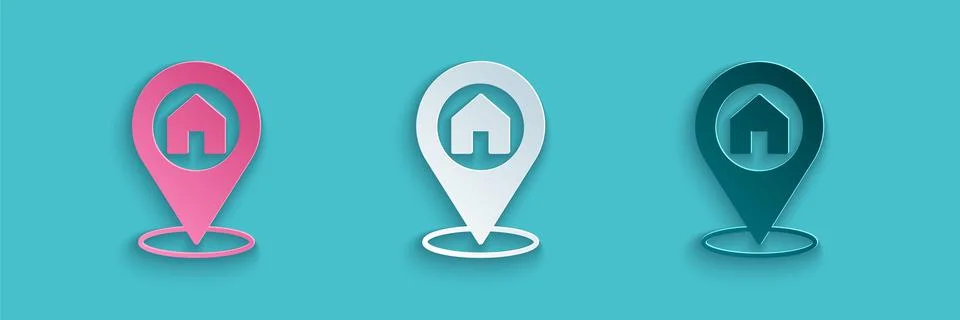 Paper cut Map pointer with house icon isolated on blue background. Home location 스톡 일러스트