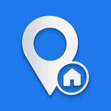 Paper cut Map pointer with house icon isolated on blue background. Home location Stock Illustration
