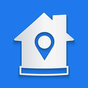 Paper cut Map pointer with house icon isolated on blue background. Home location 스톡 일러스트