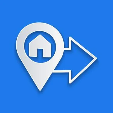 Paper cut Map pointer with house icon isolated on blue background. Home location Stock Illustration