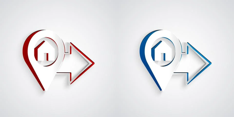 Paper cut Map pointer with house icon isolated on grey background. Home location Stock Illustration