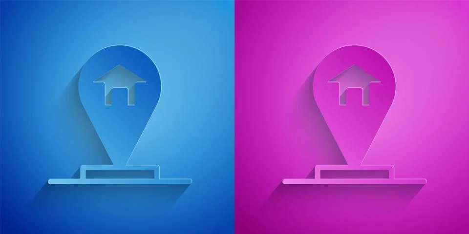 Paper cut Map pointer with house icon isolated on blue and purple background 스톡 일러스트