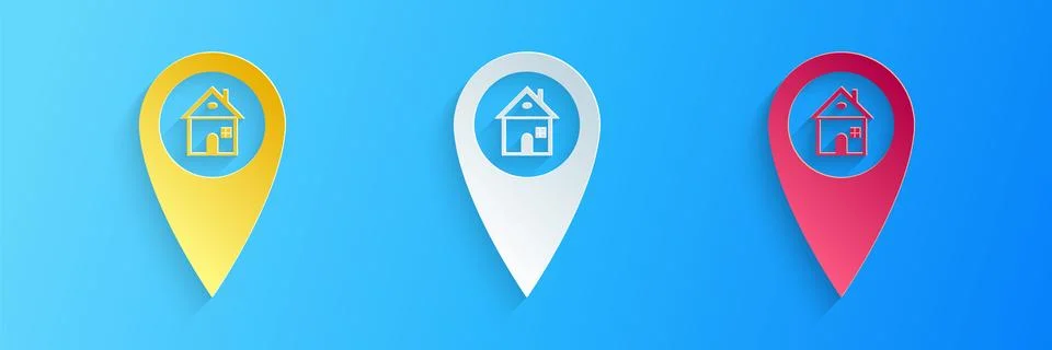 Paper cut Map pointer with house icon isolated on blue background. Home location Illustrazione stock
