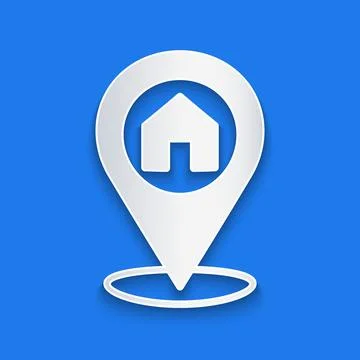 Paper cut Map pointer with house icon isolated on blue background. Home loc.. 스톡 일러스트