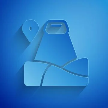 Paper cut Map pointer with mountain icon isolated on blue background. Mountai Stock Illustration