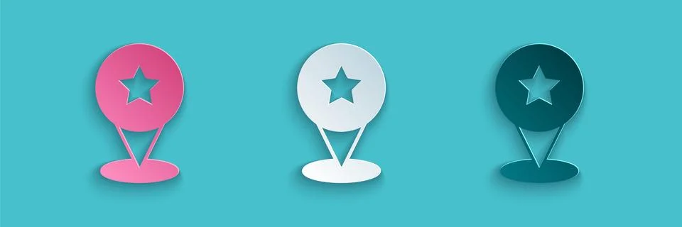 Paper cut Map pointer with star icon isolated on blue background. Star favorite 스톡 일러스트