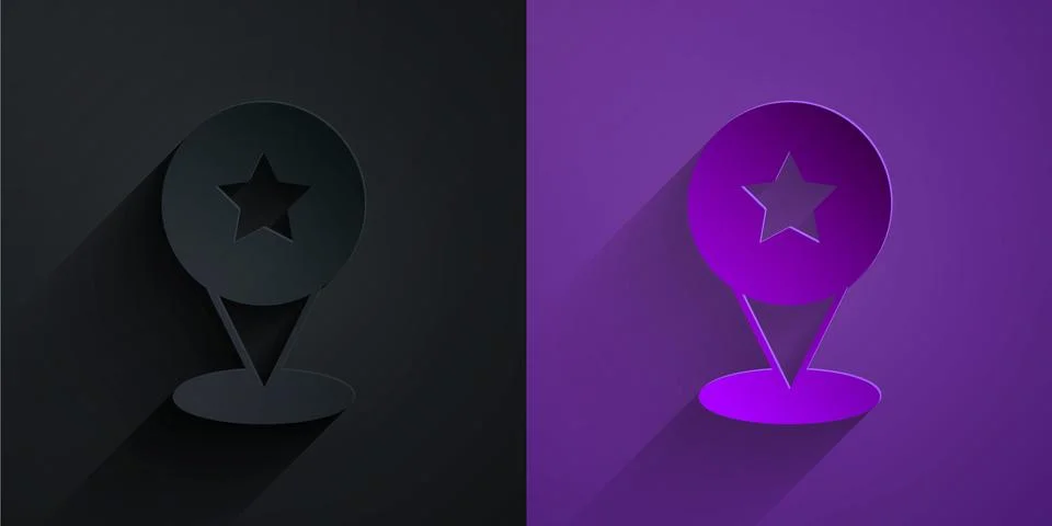 Paper cut Map pointer with star icon isolated on black on purple background イラスト素材