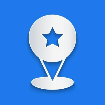 Paper cut Map pointer with star icon isolated on blue background. Star favorite Stock Illustration