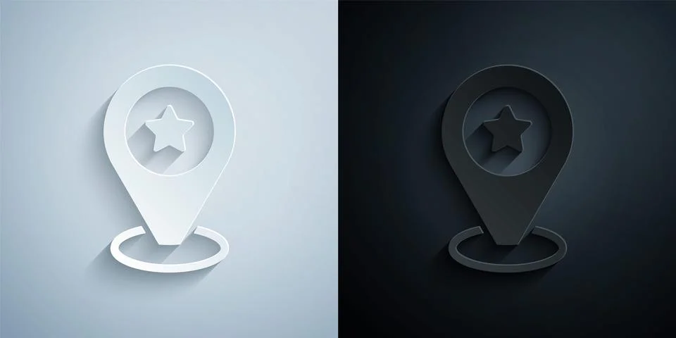 Paper cut Map pointer with star icon isolated on grey and black background. Star Stock Illustration