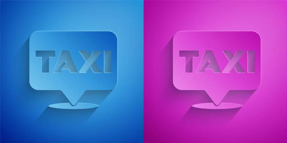 Paper cut Map pointer with taxi icon isolated on blue and purple background 스톡 일러스트