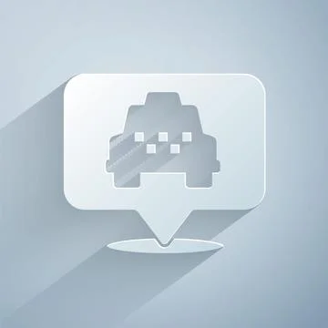 Paper cut Map pointer with taxi icon isolated on grey background. Location Stockillustratie