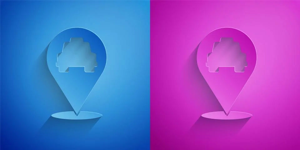 Paper cut Map pointer with taxi icon isolated on blue and purple background Stockillustratie