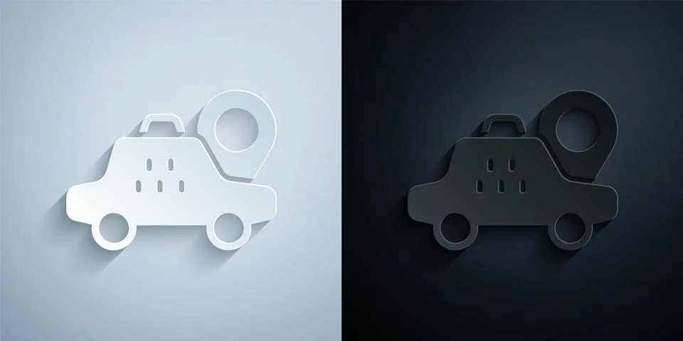 Paper cut Map pointer with taxi car icon isolated on grey and black background Stock Illustration