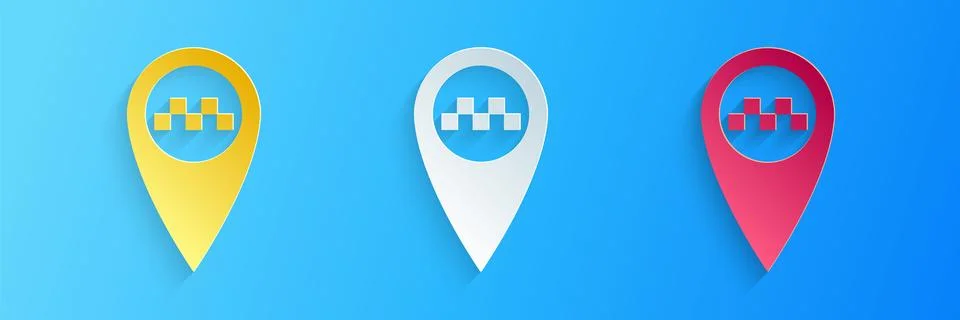 Paper cut Map pointer with taxi icon isolated on blue background. Paper art Stock Illustration