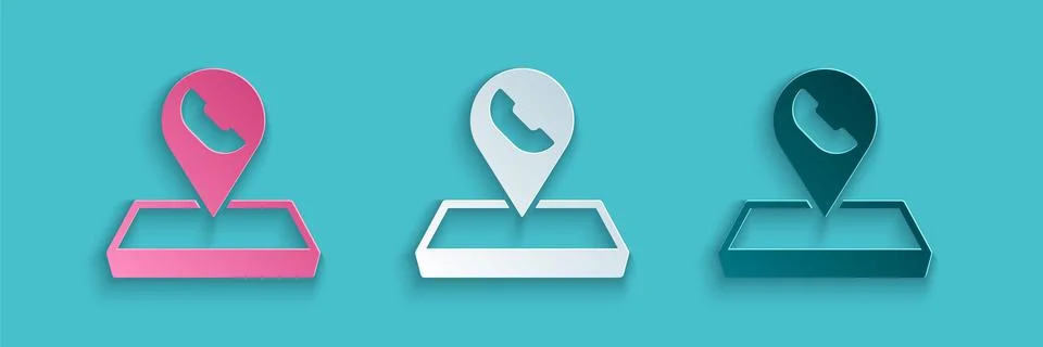 Paper cut Map pointer with telephone or communication icon isolated on blue 스톡 일러스트
