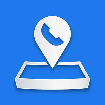 Paper cut Map pointer with telephone or communication icon isolated on blue 스톡 일러스트