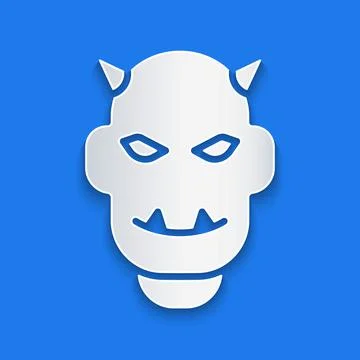 Paper cut Mask of the devil with horns icon isolated on blue background. Paper Stockillustratie