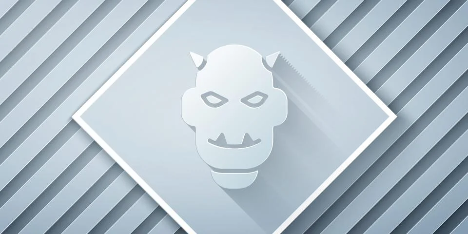 Paper cut Mask of the devil with horns icon isolated on grey background. Paper Stock Illustration