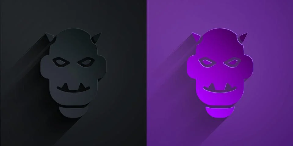 Paper cut Mask of the devil with horns icon isolated on black on purple backg Stock Illustration