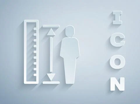 Paper cut Measuring height body icon isolated on grey background. Paper art Stock Illustration