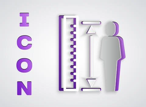Paper cut Measuring height body icon isolated on grey background. Paper art Stock Illustration
