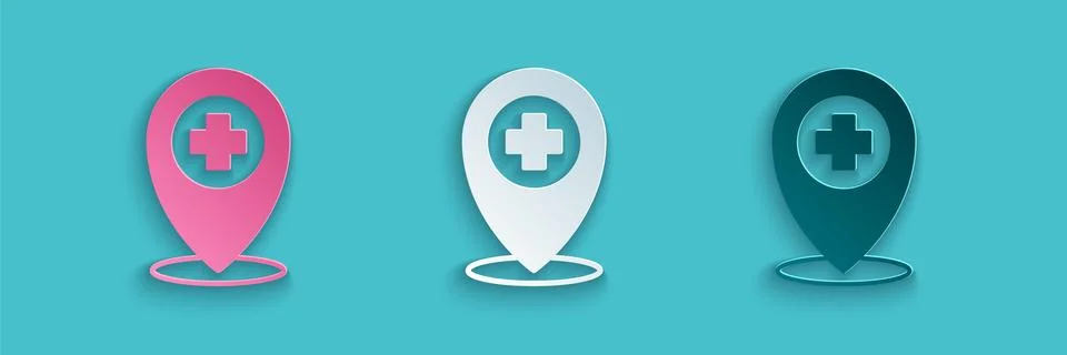 Paper cut Medical map pointer with cross hospital icon isolated on blue 스톡 일러스트