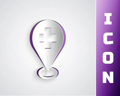 Paper cut Medical map pointer with cross hospital icon isolated on grey Stock Illustration