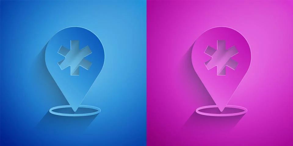 Paper cut Medical map pointer with cross hospital icon isolated on blue and 스톡 일러스트