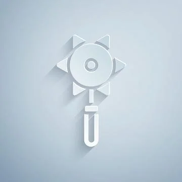Paper cut Medieval chained mace ball icon isolated on grey background. Medieval Stock Illustration