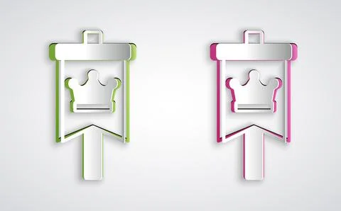 Paper cut Medieval flag icon isolated on grey background. Country, state, or 스톡 일러스트