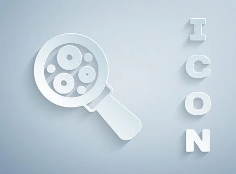 Paper cut Microorganisms under magnifier icon isolated on grey background Stock Illustration