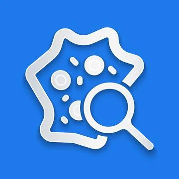 Paper cut Microorganisms under magnifier icon isolated on blue background. Ba Stock Illustration