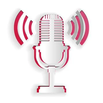 Paper cut Microphone icon isolated on white background. On air radio mic Illustrazione stock
