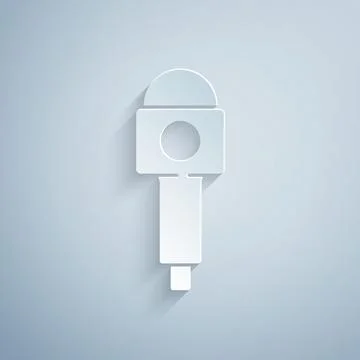 Paper cut Microphone icon isolated on grey background. On air radio mic mic.. Stock Illustration