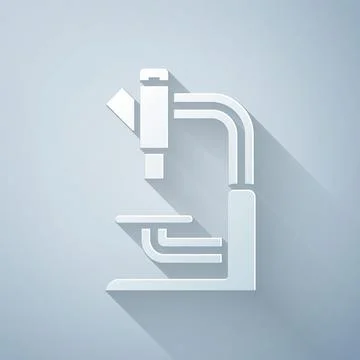 Paper cut Microscope icon isolated on grey background. Chemistry, pharmaceutical Illustrazione stock