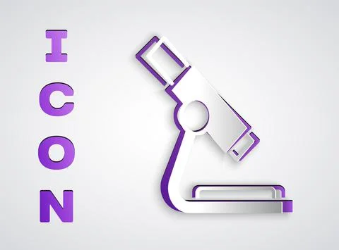 Paper cut Microscope icon isolated on grey background. Chemistry, pharmaceutical Illustrazione stock