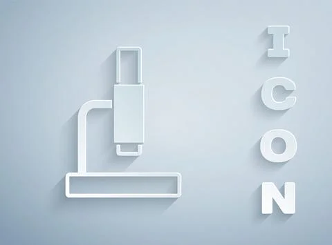Paper cut Microscope icon isolated on grey background. Chemistry, pharmaceutical Illustrazione stock