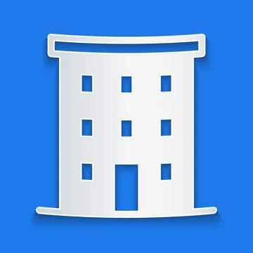Paper cut Multi storey building icon isolated on blue background. Paper art Ilustración de archivo