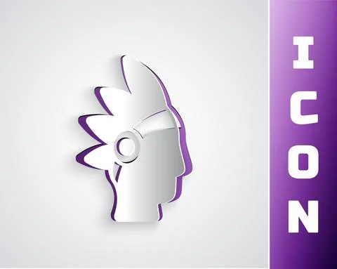 Paper cut Native American Indian icon isolated on grey background. Paper art Stock Illustration