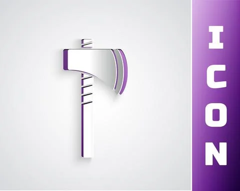Paper cut Native american tomahawk axe icon isolated on grey background. Paper Stock Illustration