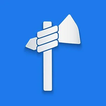 Paper cut Native american tomahawk axe icon isolated on blue background. Pape Stock Illustration