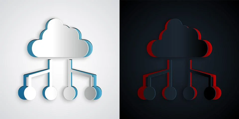 Paper cut Network cloud connection icon isolated on grey and black background Illustrazione stock